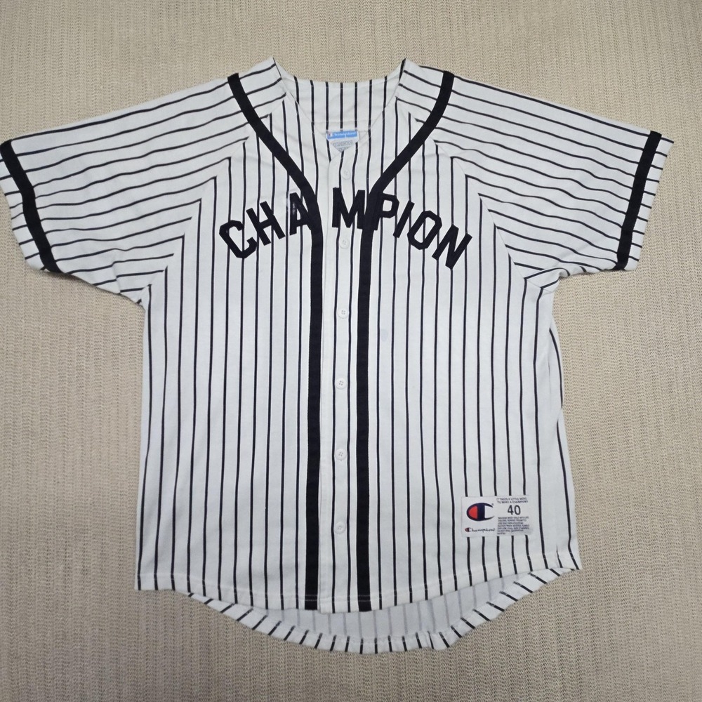 Champion Baseball Jersey Shirt Mens Medium White Pinstripe Button Front Logo